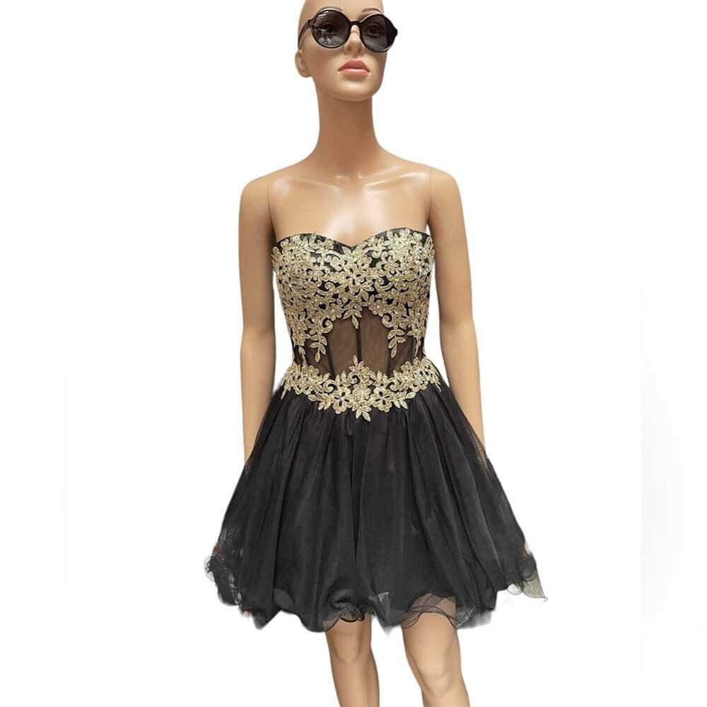 Blondie Nites by Stacy Sklar Dress 3 Black Gold Illusion Corset Cocktail Party